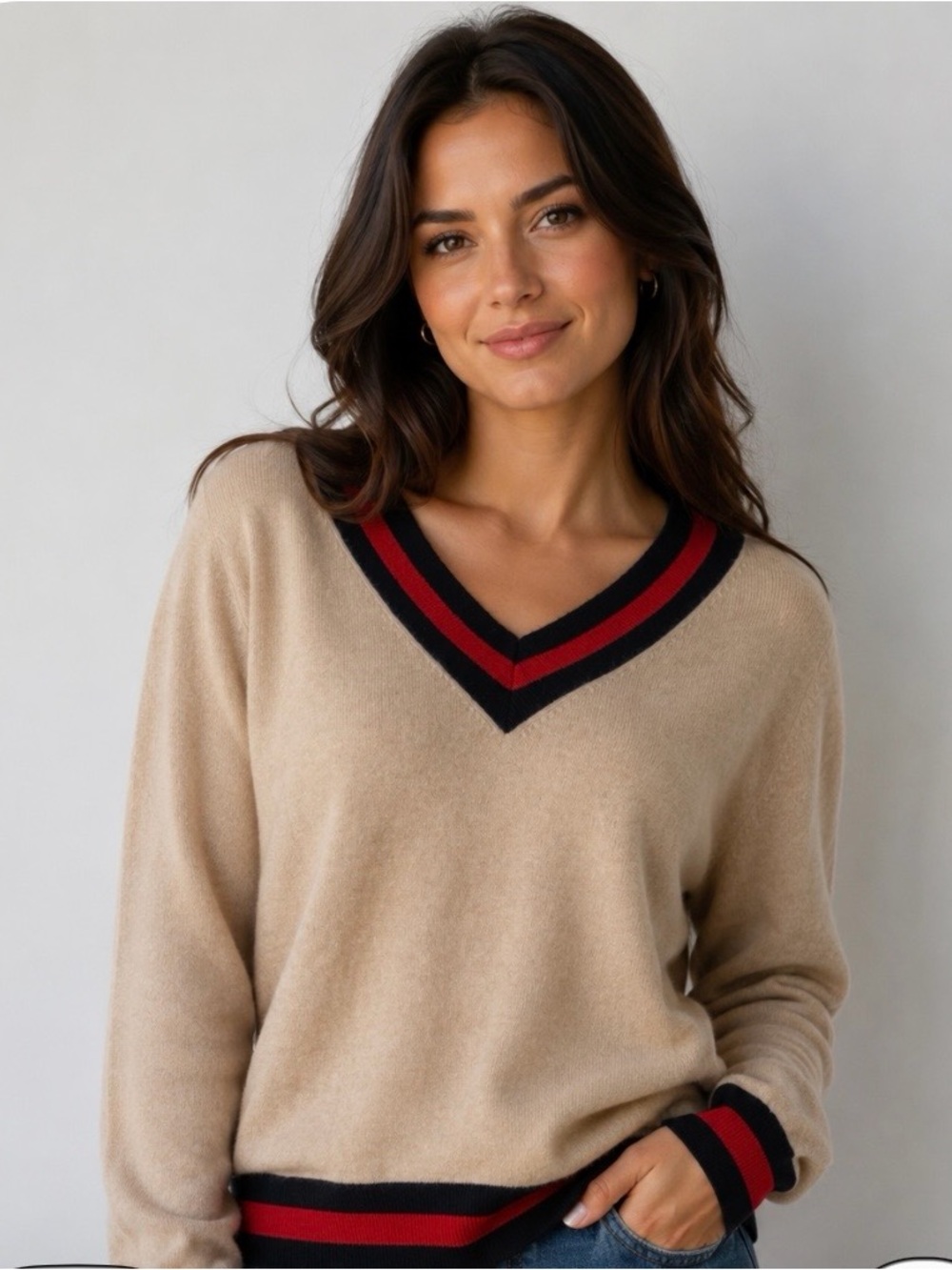 Brodie Cashmere Beige V-Neck Sweater with Red & Blue Stripe Trim Size Large